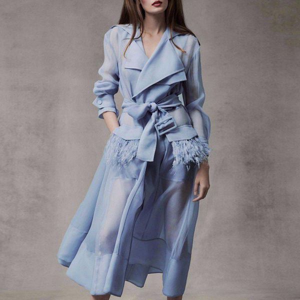 women's trench coats autumn organza see through trecnch coat for women feathers pocket with belt long elegant runway streetwear, Tan;black
women's trench coats autumn organza see through trecnch coat for women feathers pocket with belt long elegant runway streetwear, Tan;black