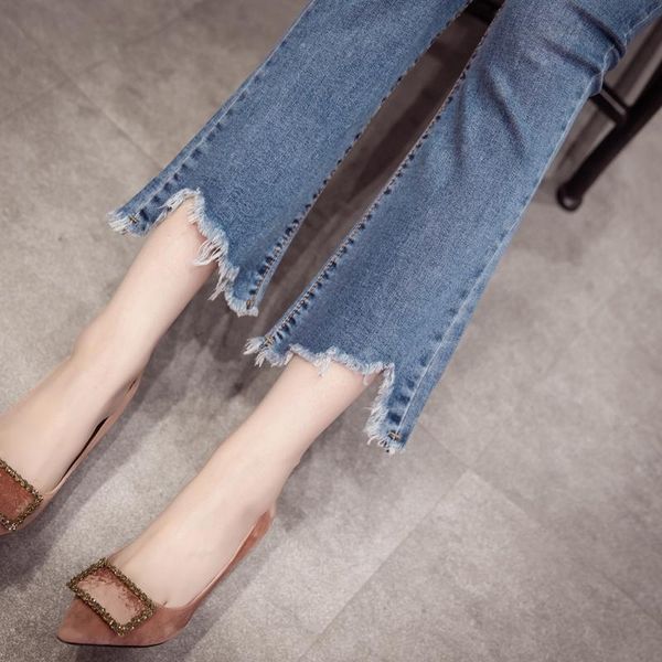 women's jeans spring and autumn high waist was thin elastic skinny wear nine points light-colored flared pants, Blue
women's jeans spring and autumn high waist was thin elastic skinny wear nine points light-colored flared pants, Blue