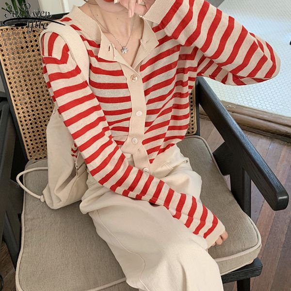 spring loose thin o-neck short coat female college style striped cardigan korean knitted wild blouse women 12896 210427, White
spring loose thin o-neck short coat female college style striped cardigan korean knitted wild blouse women 12896 210427, White
