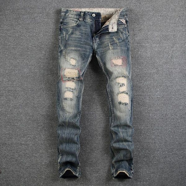men's jeans european street fashion men retro destroyed slim fit ripped embroidery designer denim punk pants, Blue
men's jeans european street fashion men retro destroyed slim fit ripped embroidery designer denim punk pants, Blue