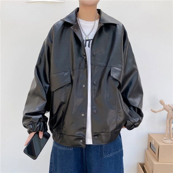 2021 autumn fashion loose pu leather coats men's motorcycle wear black leather jacket lapel single breasted clothes 9y8839
2021 autumn fashion loose pu leather coats men's motorcycle wear black leather jacket lapel single breasted clothes 9y8839