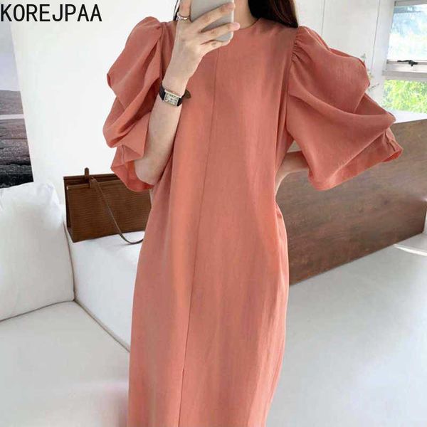 korejpaa women dress summer temperament gentle round neck loose straight solid color pleated puff sleeve split vestidos 210526, Black;gray
korejpaa women dress summer temperament gentle round neck loose straight solid color pleated puff sleeve split vestidos 210526, Black;gray