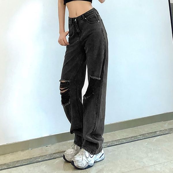 women's jeans washed wide leg trousers straight fashion high waist casual loose hole women, Blue
women's jeans washed wide leg trousers straight fashion high waist casual loose hole women, Blue