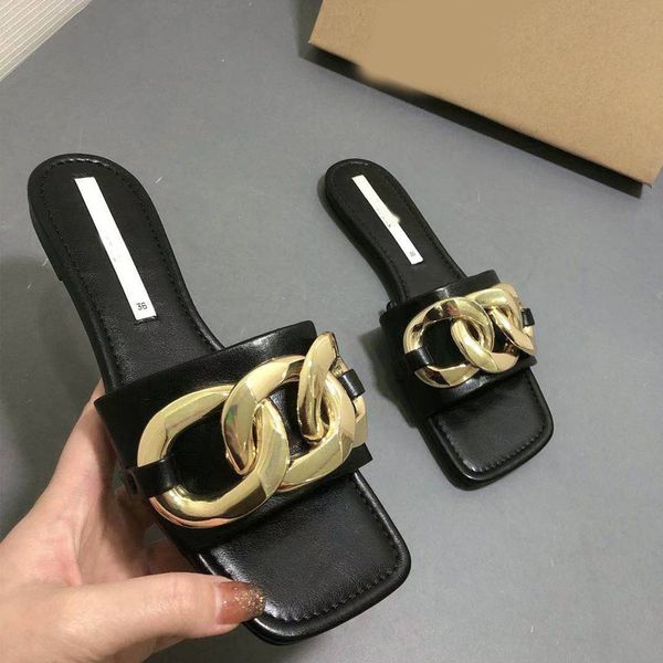 slippers metal chain women's black square toe flat sandals for female new summer outside vxgt
