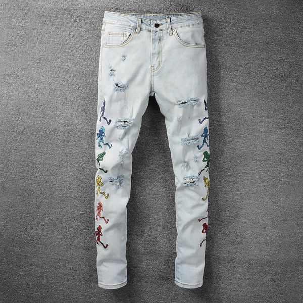 men's jeans american fashion embroidery patches designer men light gray blue elastic slim ripped streetwear hip hop punk pants 0pp
men's jeans american fashion embroidery patches designer men light gray blue elastic slim ripped streetwear hip hop punk pants 0pp