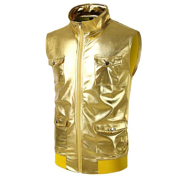 men multi-pocket shiny silver metallic zipper stage performance sleeveless jacket casual autumn fashion nightclub vest coats men's vest, Black;white
men multi-pocket shiny silver metallic zipper stage performance sleeveless jacket casual autumn fashion nightclub vest coats men's vest, Black;white