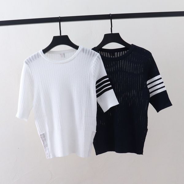 t shirt 2021 summer tb four bar color matching striped ice silk short sleeved sweater slim and hollow out blouse for women, White
t shirt 2021 summer tb four bar color matching striped ice silk short sleeved sweater slim and hollow out blouse for women, White