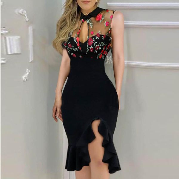 ethnic clothing elegant dress women floral embroidery print sleevess mesh patchwork hallow out ruffle office lady casual work, Red 
ethnic clothing elegant dress women floral embroidery print sleevess mesh patchwork hallow out ruffle office lady casual work, Red