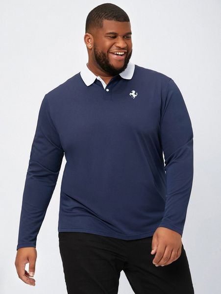 extended sizes men horse print contrast collar polo shirt z9fo#, White;black