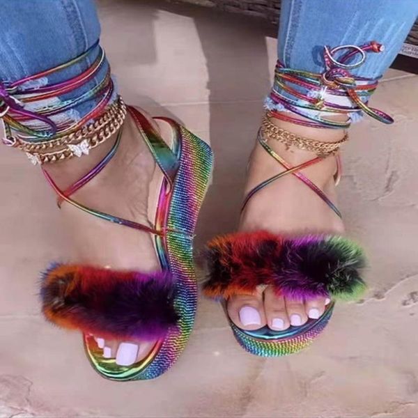 style fashion women thick soled rhinestone sandals rainbow faux fur slides ladies foreign trade feather large size, Black
style fashion women thick soled rhinestone sandals rainbow faux fur slides ladies foreign trade feather large size, Black