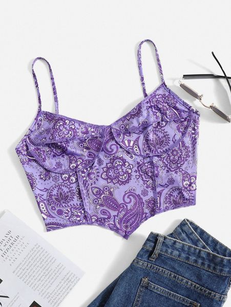 paisley print asymmetrical hem cami b8ij#, White