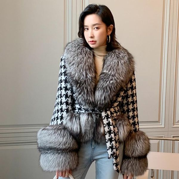 women's fur & faux 2021 autumn winter houndstooth coat with plush natural cuffs and hem ladies outerwear women wool jacket, Black
women's fur & faux 2021 autumn winter houndstooth coat with plush natural cuffs and hem ladies outerwear women wool jacket, Black