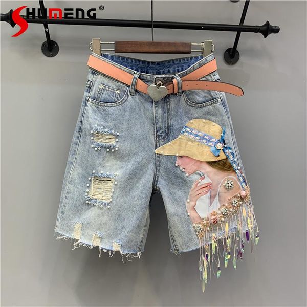 

women's jeans 2021 summer printed sequins tassel bear denim shorts ladies fashion holes burr knee-length straight pants for women, Blue