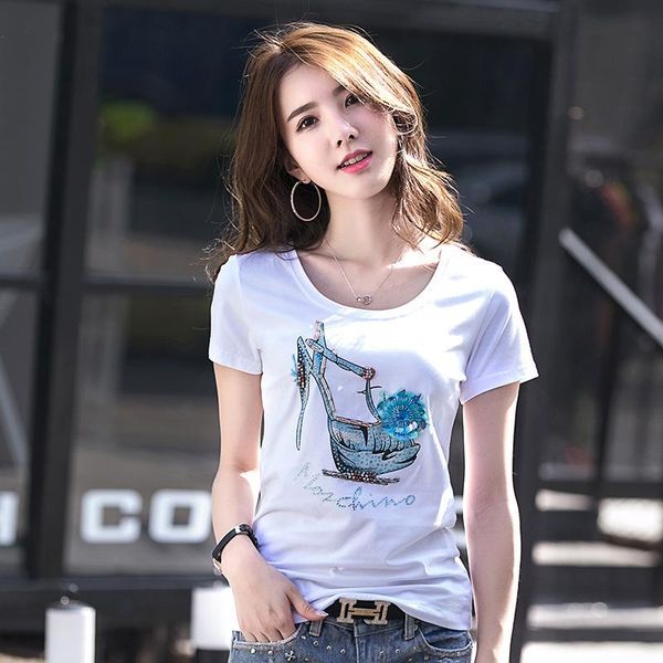 women's t-shirt 2021 handmade shoes pattern nail drill boutique round neck short sleeve 2809, White
women's t-shirt 2021 handmade shoes pattern nail drill boutique round neck short sleeve 2809, White