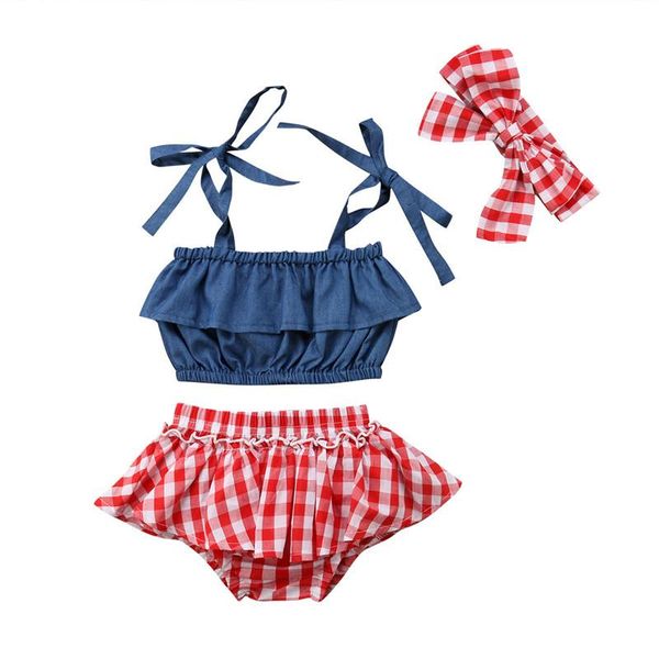 clothing sets 3pcs/set born baby girl denim off shoulder sleeveless +red plaid shorts+headband summer clothes, White
clothing sets 3pcs/set born baby girl denim off shoulder sleeveless +red plaid shorts+headband summer clothes, White