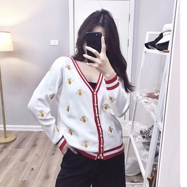 women's knits & tees the little bee embroidery knit outer cardigan fashion all-match v-neck long-sleeved loose jacket, White
women's knits & tees the little bee embroidery knit outer cardigan fashion all-match v-neck long-sleeved loose jacket, White