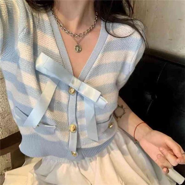 summer korean version fresh striped tie bow v-neck short-sleeved knitwear women's short t-shirt 210529, White
summer korean version fresh striped tie bow v-neck short-sleeved knitwear women's short t-shirt 210529, White