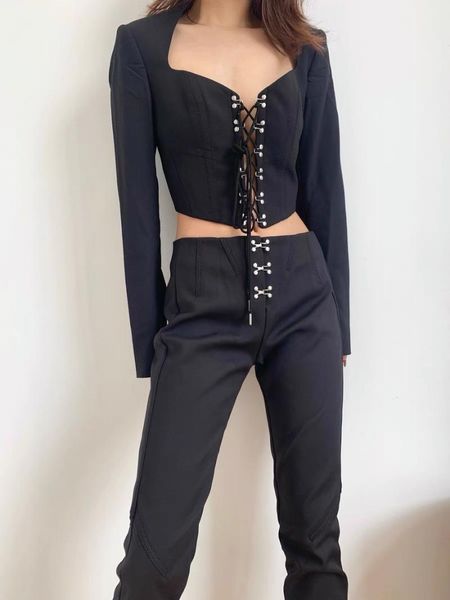 women's suits & blazers 2021fw autumn luxury women black strapless lace up short blazer female jacket coat gdnz 6.19, White;black
women's suits & blazers 2021fw autumn luxury women black strapless lace up short blazer female jacket coat gdnz 6.19, White;black