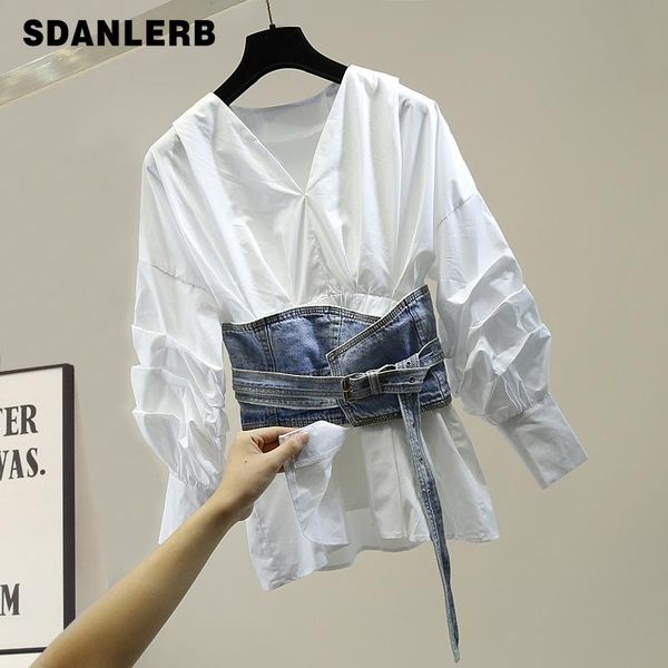 fashion pleated lantern sleeve v-neck slim-fit shirt + denim waistband two-piece design female autumn chic blouse blusa women's blouses, White
fashion pleated lantern sleeve v-neck slim-fit shirt + denim waistband two-piece design female autumn chic blouse blusa women's blouses, White