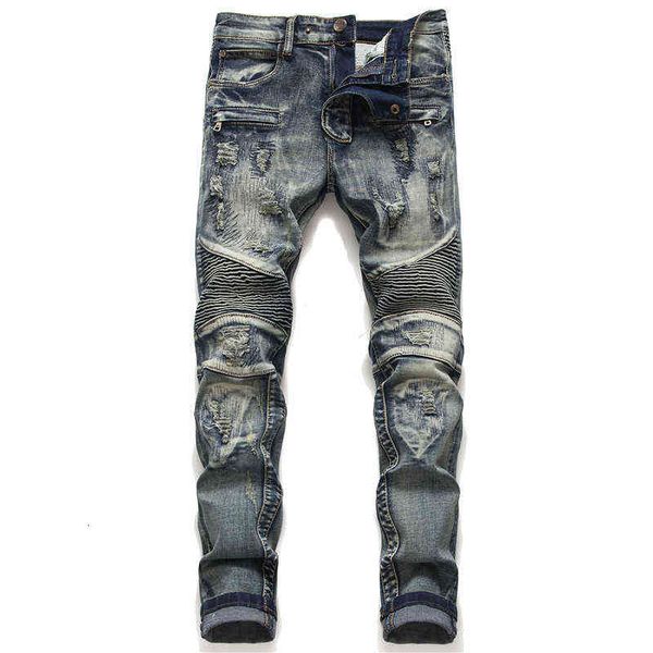 fashion street brand motorcycle men's personality wrinkled elastic hole breaking jeans, Blue
fashion street brand motorcycle men's personality wrinkled elastic hole breaking jeans, Blue