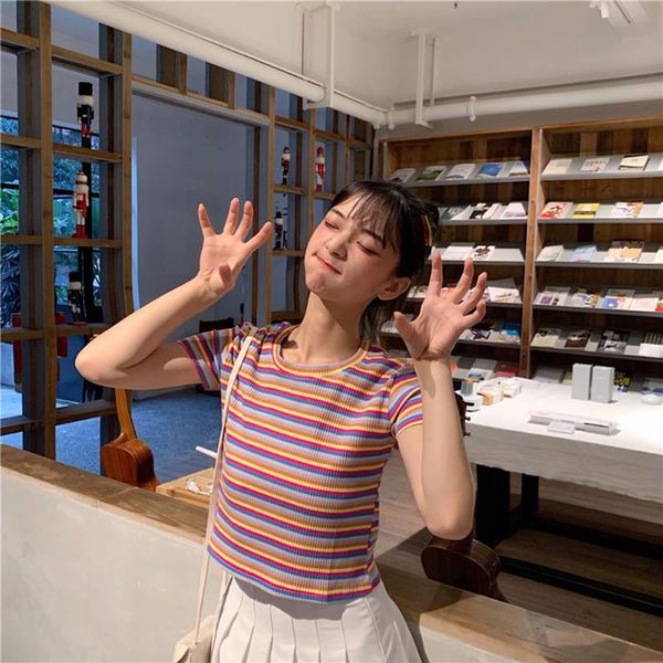 korean t-shirt women rainbow striped harajuku tshirt summer short sleeve casual o-neck crop slim and simple women's, White
korean t-shirt women rainbow striped harajuku tshirt summer short sleeve casual o-neck crop slim and simple women's, White