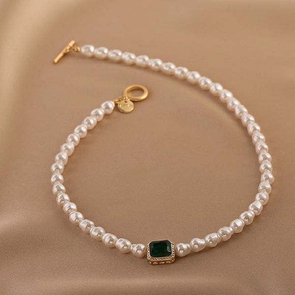 pendant necklaces 2021 retro style geometric irregular high imitation pearl green crystal necklace, korean fashion woman's necklace par, Silver