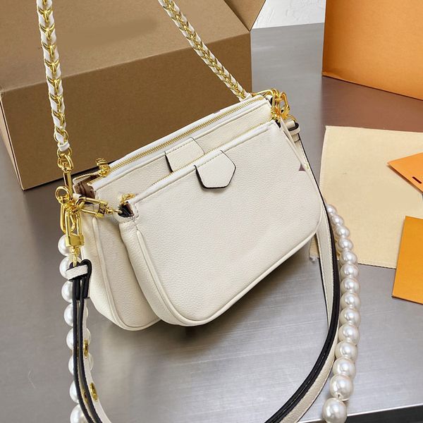 messenger bags key case coin purse chain shoulder bag fashion plain zipper woven strap pearl decoration genuine leather three piece set lett