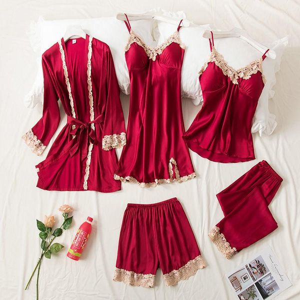 women's sleepwear spring and autumn pajamas female five piece set suspender nightdress with breast pad ice silk, Black;red
women's sleepwear spring and autumn pajamas female five piece set suspender nightdress with breast pad ice silk, Black;red