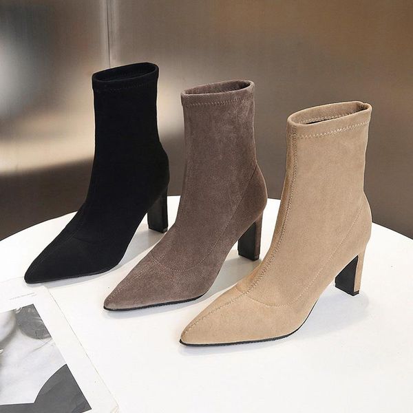 boots short women's high heel pointed toe suede autumn/winter model womens, Black