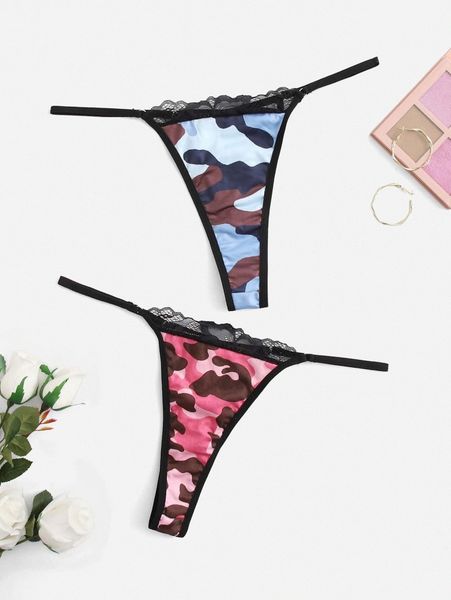 2pack plus camouflage lace trim thong 04h2#, Black;white