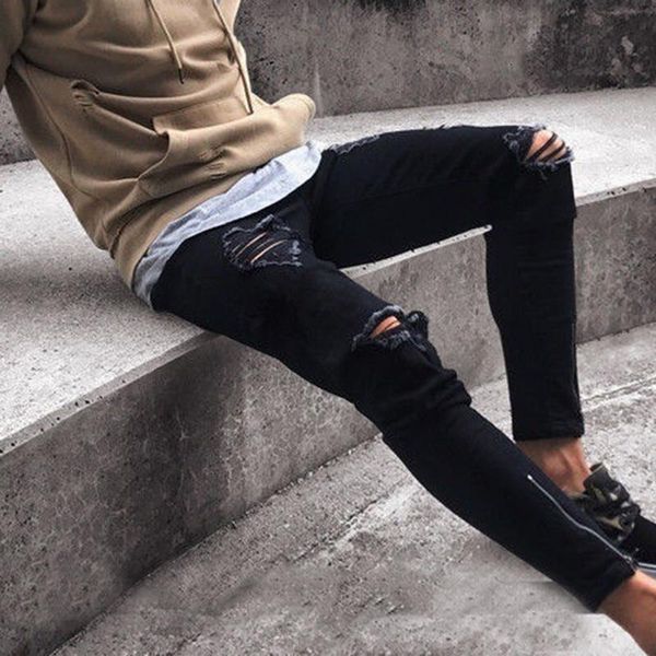 nice fashion ripped ny slim straight denim men jeans with zipper bottom stylish pencil pants clothes, Blue 
nice fashion ripped ny slim straight denim men jeans with zipper bottom stylish pencil pants clothes, Blue