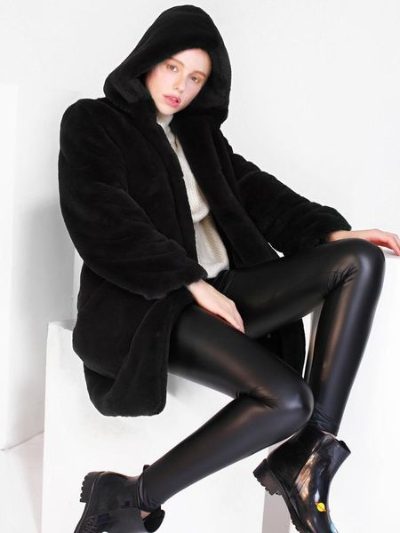 women's fur & faux hooded coat female long winter plush cardigan 4kpy, Black 
women's fur & faux hooded coat female long winter plush cardigan 4kpy, Black