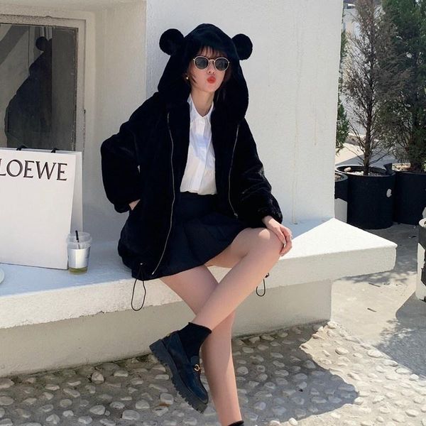 women's fur & faux 2021 autumn winter plus size women hooded waist drawstring loose soft plush outerwear korean kobieta kurtka, Black
women's fur & faux 2021 autumn winter plus size women hooded waist drawstring loose soft plush outerwear korean kobieta kurtka, Black
