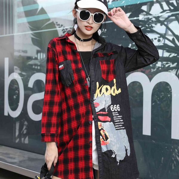 shirts autumn korean version of plaid print stitching mid-length women's cardigan shirt, White
shirts autumn korean version of plaid print stitching mid-length women's cardigan shirt, White