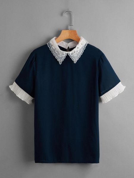 contrast lace collar pleated cuff blouse s38c#, White