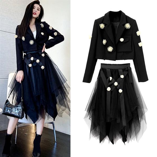 two piece dress women autumn spring black short blazers handmade flowers appliques coats and mesh irregular skirts suit sets clothing set ns, White
two piece dress women autumn spring black short blazers handmade flowers appliques coats and mesh irregular skirts suit sets clothing set ns, White