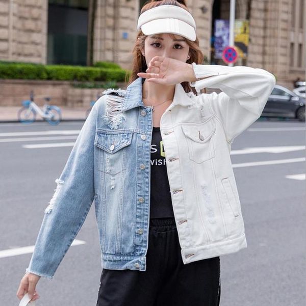 women's jackets patchwork hole denim jacket spring 2021 loose casual color matching top, Black;brown
women's jackets patchwork hole denim jacket spring 2021 loose casual color matching top, Black;brown