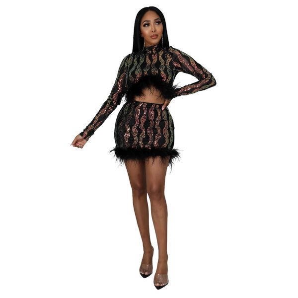 2pcs sets sequins skirt fashion short sleeve party high round neck bodycon crop mini dress striped feather outfits, White
2pcs sets sequins skirt fashion short sleeve party high round neck bodycon crop mini dress striped feather outfits, White