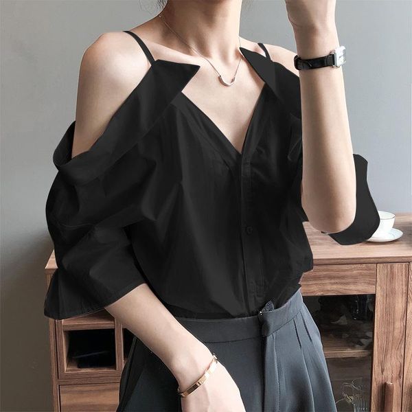 women's blouses & shirts summer zanzea 2021 elegant off shoulder casual v-neck female spaghetti strap button blusas, White
women's blouses & shirts summer zanzea 2021 elegant off shoulder casual v-neck female spaghetti strap button blusas, White