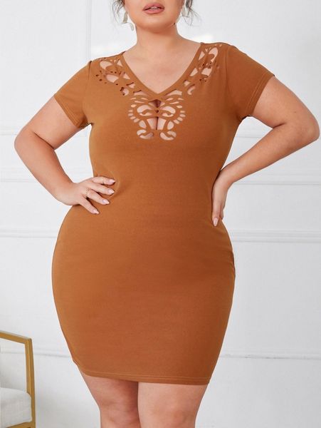 plus v-neck laser cut front bodycon dress a5qy#, Black 
plus v-neck laser cut front bodycon dress a5qy#, Black