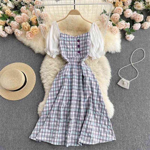 women fashion square neck short sleeve contrast stitching retro plaid a-line dress summer breasted slim vestidos s375 210527, Black;gray
women fashion square neck short sleeve contrast stitching retro plaid a-line dress summer breasted slim vestidos s375 210527, Black;gray