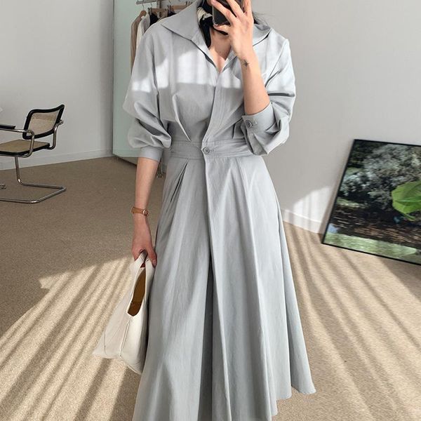 casual dresses 2021 style korean early autumn french vestidos female lapel one button waist loose shirt midi dress dk1216, Black;gray
casual dresses 2021 style korean early autumn french vestidos female lapel one button waist loose shirt midi dress dk1216, Black;gray