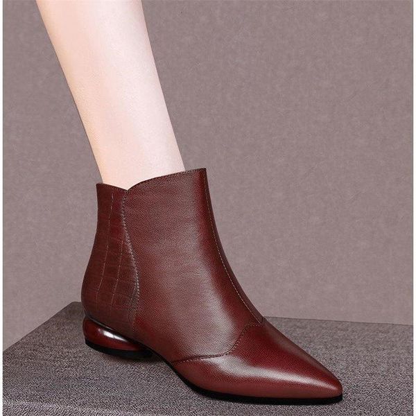 boots soft leather women pointed toe ankle low heel, Black