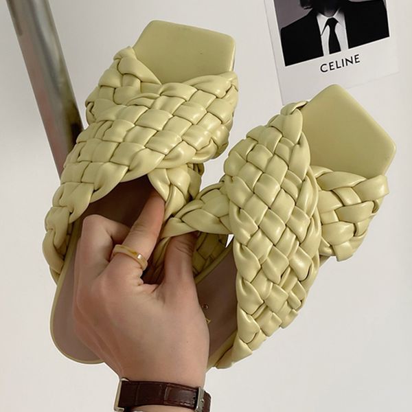 2021 Women Slippers Fashion Weave Flat Heel Slides Sandals Shoes For Women Casual Outdoor Beach Female Flip Flops Summer Shoes, Lavender