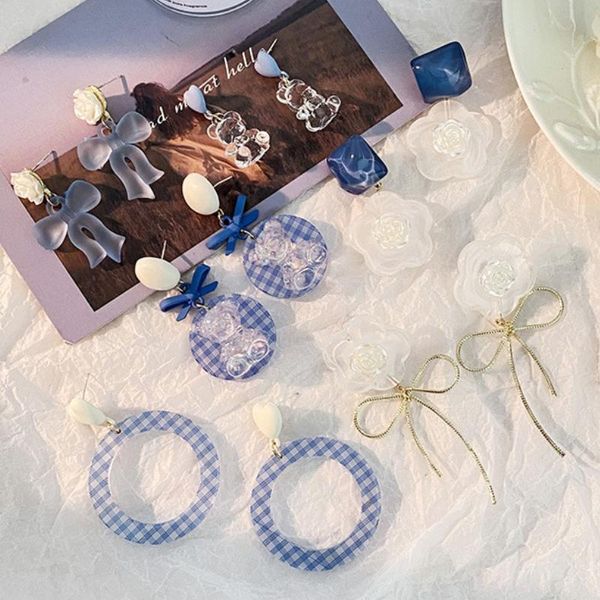 dangle & chandelier vsnow summer cute blue color round flower plaid resin earrings for women trendy clear arcylic bowknot pendientes, Silver 
dangle & chandelier vsnow summer cute blue color round flower plaid resin earrings for women trendy clear arcylic bowknot pendientes, Silver