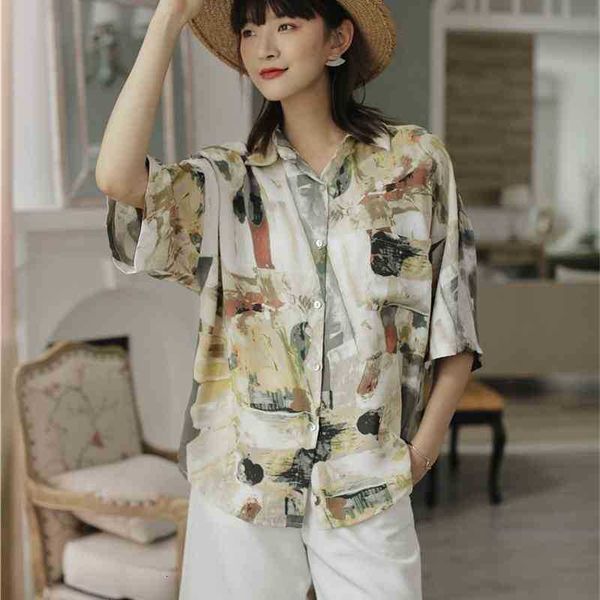 women's two piece pants oil painting collared shirts women and blouses summer short sleeve loose button up baggy shirt rrae, White
women's two piece pants oil painting collared shirts women and blouses summer short sleeve loose button up baggy shirt rrae, White