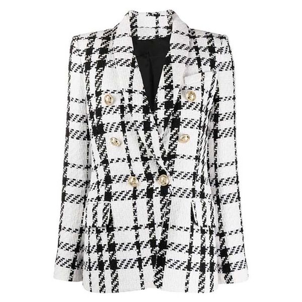 est designer blazer women's shawl collar double breasted lion buttons plaid tweed jacket 211122, White;black
est designer blazer women's shawl collar double breasted lion buttons plaid tweed jacket 211122, White;black