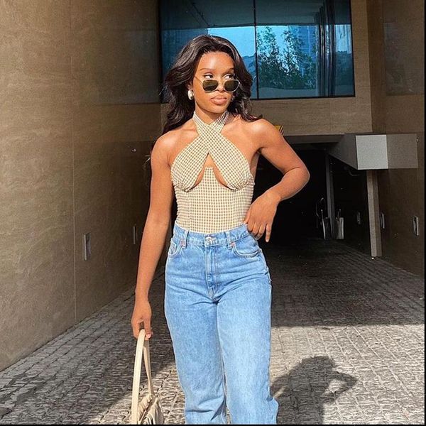 off shoulder halter vest womens tanks plaid printed chic hollow camisoles pattern v neck up casual crop top, White
off shoulder halter vest womens tanks plaid printed chic hollow camisoles pattern v neck up casual crop top, White