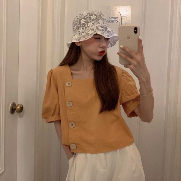 women's t-shirt puff short sleeve fashion brand tees summer korean square collar solid button t shirt women clothes casual ladies loos, White
women's t-shirt puff short sleeve fashion brand tees summer korean square collar solid button t shirt women clothes casual ladies loos, White