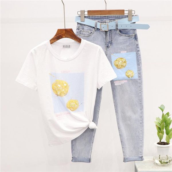 summer sequins flowers print tee shirt pencil denim pants two piece outfits women short sleeve cotton t jeans suit female dress, White
summer sequins flowers print tee shirt pencil denim pants two piece outfits women short sleeve cotton t jeans suit female dress, White